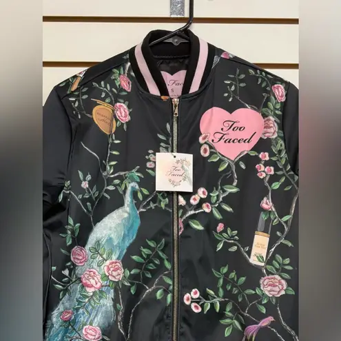 Too Faced Black Satin Bomber Jacket Size S Full Zip Lined Floral (Flaw Read)