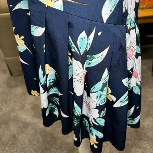 FRNCH Navy Blue Floral Spaghetti Strap Dress Large Lined Pleated Shift