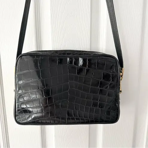 Sondra Roberts  Vintage Black Leather Croc Embossed Rectangular Box Crossbody Bag