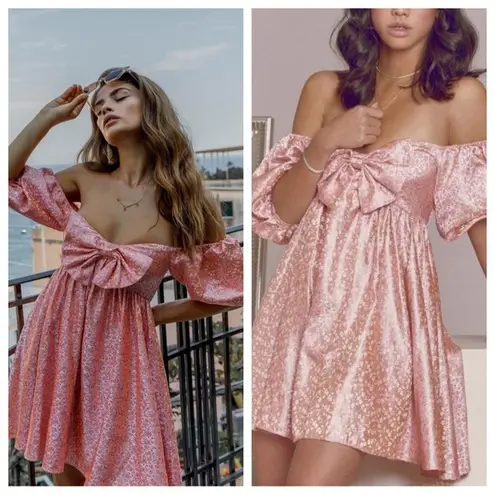 SAU LEE Arabella Mini Dress in Candy Pink Jacquard Floral Bow Puff Sleeve US 8