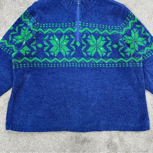Quacker Factory 1/4 Zip Pullover Sweater Sequins Snowflake Winter Blue Green XL