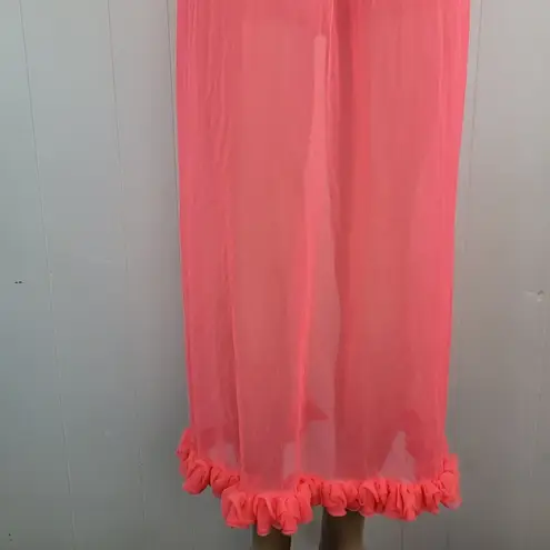 Vintage Womens M Coral Pink Neon Full Length Robe w/ Ruffled Neckline Orange Size M