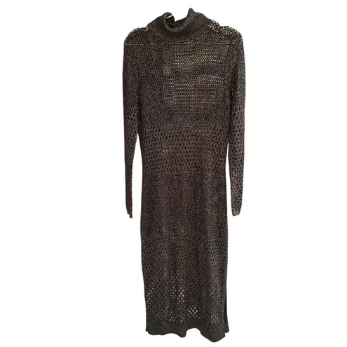 Reiss NWT Antonella open Knit Midi Dress Turtleneck Long Sleeve Metallic Size L