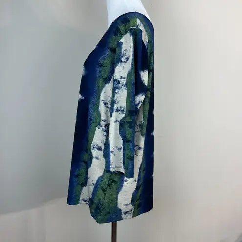 Clara Sun Woo Top Small Blue Green Gray Artsy Pattern Jersey Stretch 3/4 Sleeve