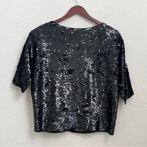 Vintage Fully Sequinned & Beaded Wild Cat Leopard Dolman Sleeve Silk Top Size S Black