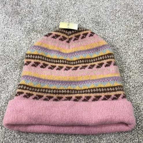 New Lord and Taylor Angora Wool Pink and Brown Stripe Knit Winter Cap Beanie
