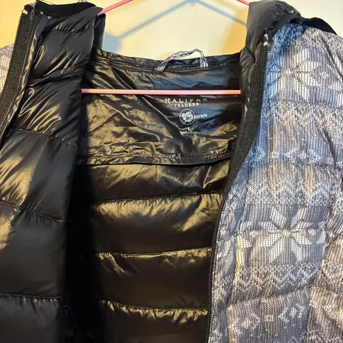 Halifax Traders Fair Isle Full Zip Hooded Down Puffer Jacket Grey Womens L Gray Size L