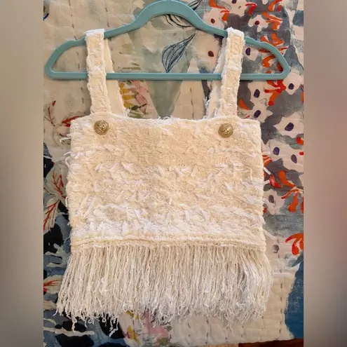 LOUISE JAMES XS Elegant Cream Top and Skirt Set Fringe Detail Tweed Gold