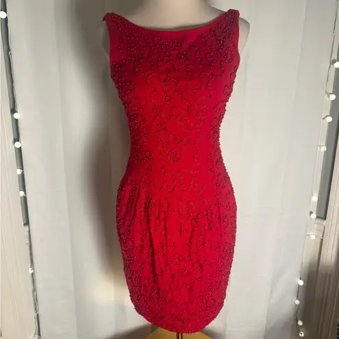 Carmen Marc Valvo Red Beaded Wool Cocktail Dress with Bolero – Size 6
