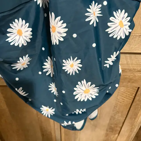 BloomChic Plus Size One Piece Swimsuit Floral Striped Crisscross Front Teal Blue