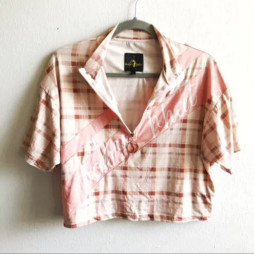 Baby Phat Cropped Top Pink Plaid Half Zip Short Sleeves Logo Sz L GUC