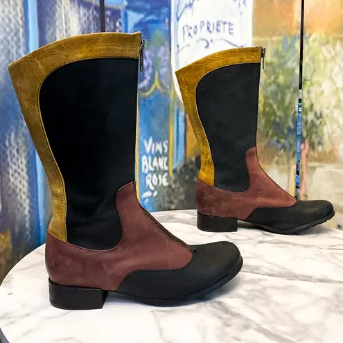 John Fluevog Encourage Kathryn Leather Tall Boots Black Burgundy Yellow 8 GUC