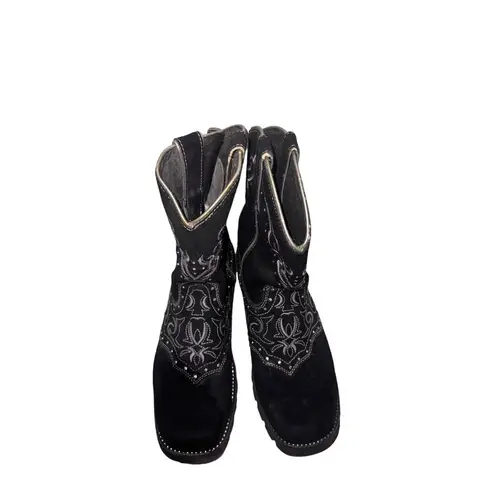 Justin  Western Cowgirl Boots Black Leather Rhinestones Embroidery 8B Square toe