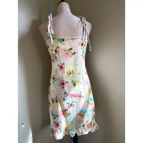 Y2K Butterfly Print Mini Dress Tie Shoulder Ruffle Hem fairy Party pink whimsi L Size L