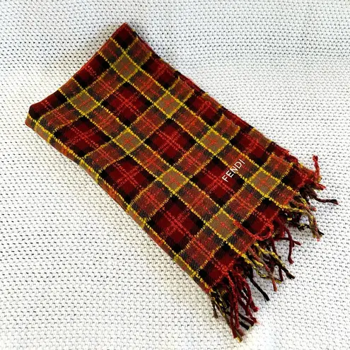 Fendi  Vintage Red Orange Yellow Black Plaid Soft Woven Fringe Long Scarf