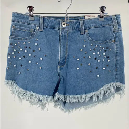 INC Denim high rise fashion basics shorts, embellished frayed hem, size 12