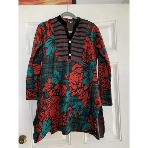 Vintage 90s Vallabh Oswal Small Red Black Sweater Ribbed Womans cottagecore Red