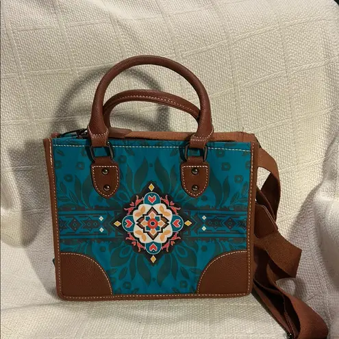 Brown and Teal Patterned Women's Bag Blue