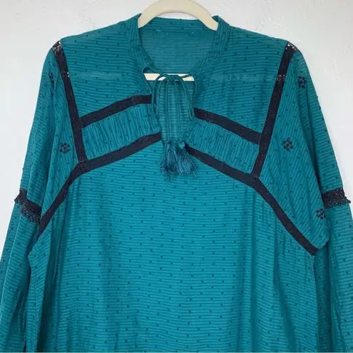 ZARA  Emerald Green Embroidered Eyelet Tassel Long Sleeves Peasant Top