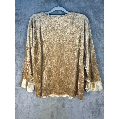 VTG Gold Crushed Velvet Blouse 1X 3/4 Sleeve Satin Cuff Renaissance Coquette Size XL