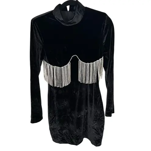 Thiliko Black Rhinestone Fringe Long Sleeve Bodycon Crushed Velvet Dress