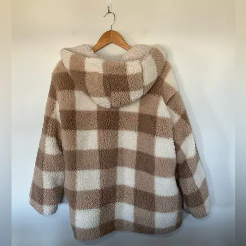 Love Tree  Teddy Sherpa Plaid Tan White Cream Brown Cozy Cardigan Reversible Sz S