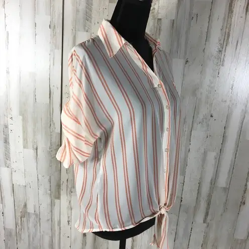 Pearl Button Down Sheer Tie Front Stripe Blouse L Size L