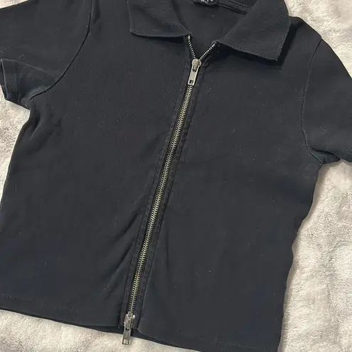 Brandy Melville John Galt Zip Up Cropped Polo Shirt Black Size Small