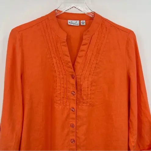 kim rogers  100% linen orange button down pintuck 3/4 tab sleeve blouse