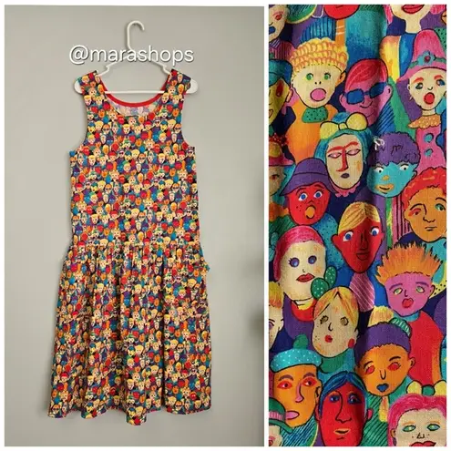 Vintage Cottonpatch Colorful Faces Print Dress Red