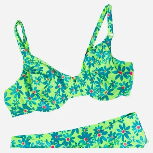 VINTAGE 90s SUNSETS Neon Floral Bikini Set Green Size L