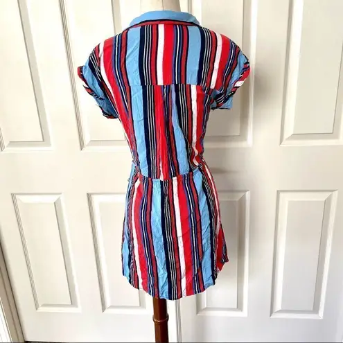 Urban Girl red blue black and white stripe button down short sleeve dress
