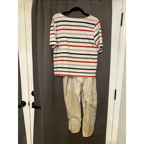 Season Ticket Striped Button Back Top & Beige Pants Set, Women's Large Set White