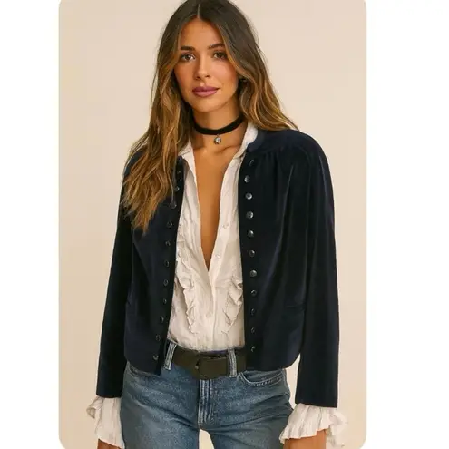 Vintage Blue Velvet Boho Chic Streetwear Fitted Edwardian Puff Sleeve Large