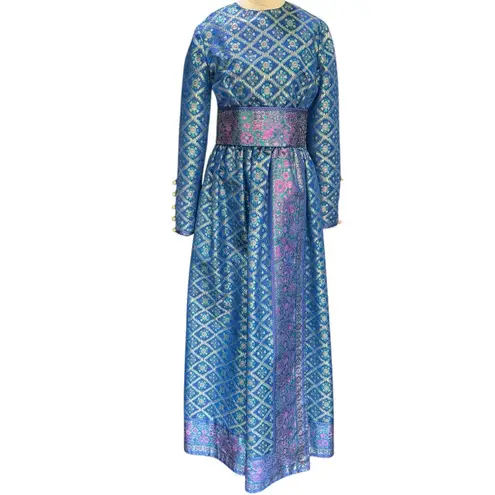 Oscar de la Renta 1960's 1970s Sapphire-Blue Metallic Silk-Brocade Gown Size 6/8
