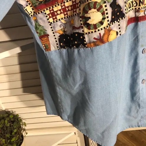 Vintage 90s Cascade Blues Christmas Patchwork Shirt Blue M Size M