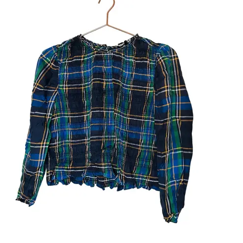 Tanya Taylor Blue Green Plaid Smocked Keyhole Back Long Sleeve Crop Top Size S
