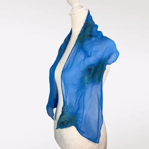Blue Sheer Silky Scarf Beaded Felted Accents Artistic Lightweight Shawl