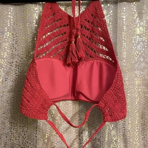 Crocheted burnt rust orange high neck halter boho bikini swim top, size M/L Orange Size M