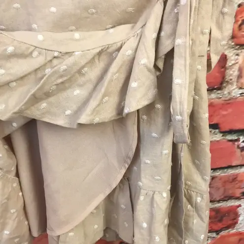 WAYF Cream and White Polka Dot Ruffled Wrap Linen Mini Dress