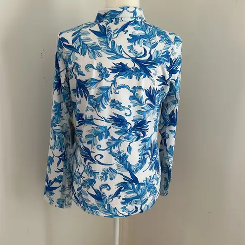 Icikuls Blue/White Birds of Paradise Print Golf/Tennis Long Sleeved Polo… Blue