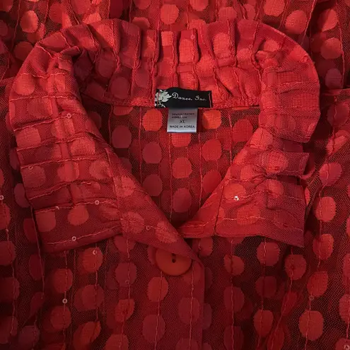 DAMEE Red Polka Dot Sheer Mesh Peplum Button Front Jacket Gray Size XL Korea