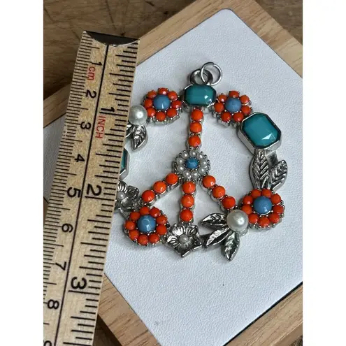 Metallic Floral Peace Sign Pendant With Orange & Turquoise Beads Faux Pearls & S Silver