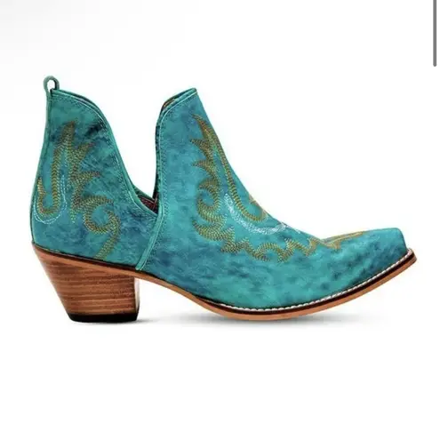 MYRA Turquoise Embroidered Leather Block Heel Western Ankle Booties Women Size 7 Blue