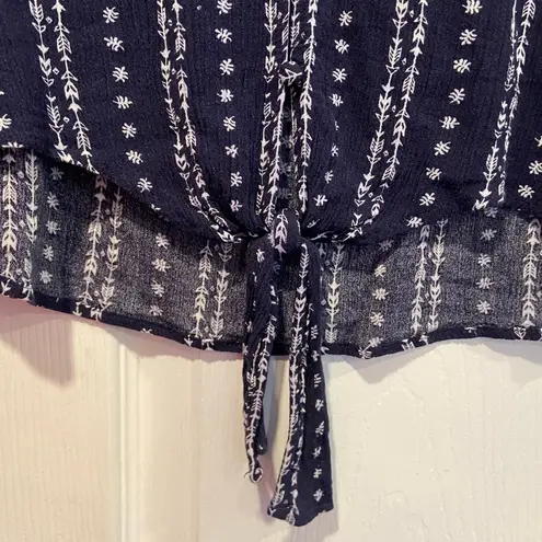 FOR THE REPUBLIC Size S Navy Blue Boho Short Sleeve Cropped Front Knot Top