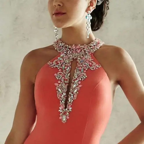 Tiffany Designs Flourished Halter Long Evening Gown 46025 - Watermelon - 6