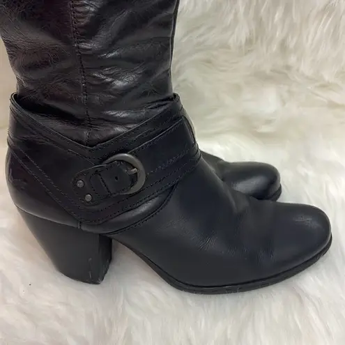 BOC Y2K Black Chunky Block Heel Saddle Belt Leather Tall Boots Size 7 Bin 21 Black