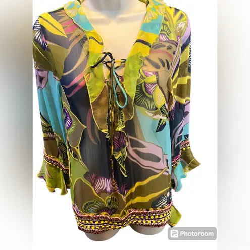 Adrienne Women's Medium Multi color Semi Sheer Ruffle Bell Sleeve Side Tie Top