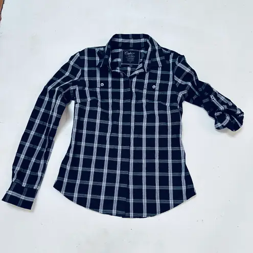 Calvin Klein women's long sleeve button down shirt, black check, adjustable sleeves, size S