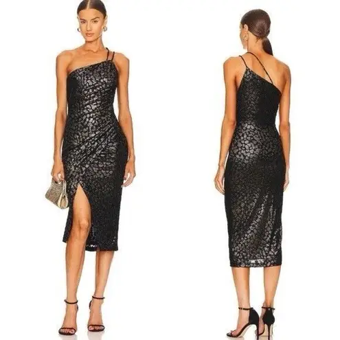 IRO Bexly Leopard Metallic Asymmetrical Midi Dress One Shoulder Black FR42 US10